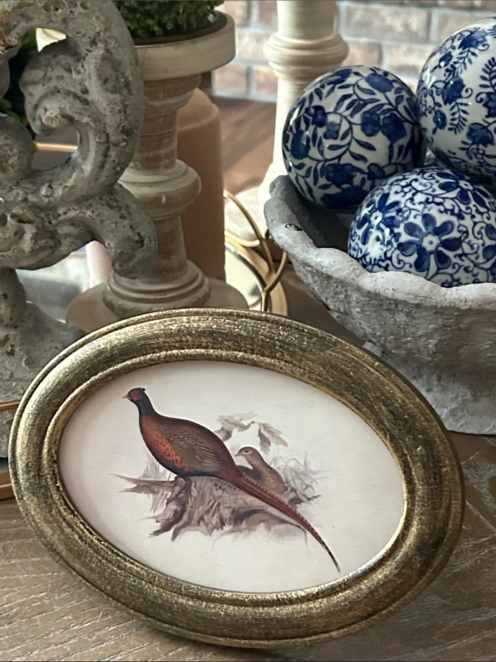 NEW! Vintage Inspired Shabby Chic Fall Harvest Gold Oval Framed Pheasant Print